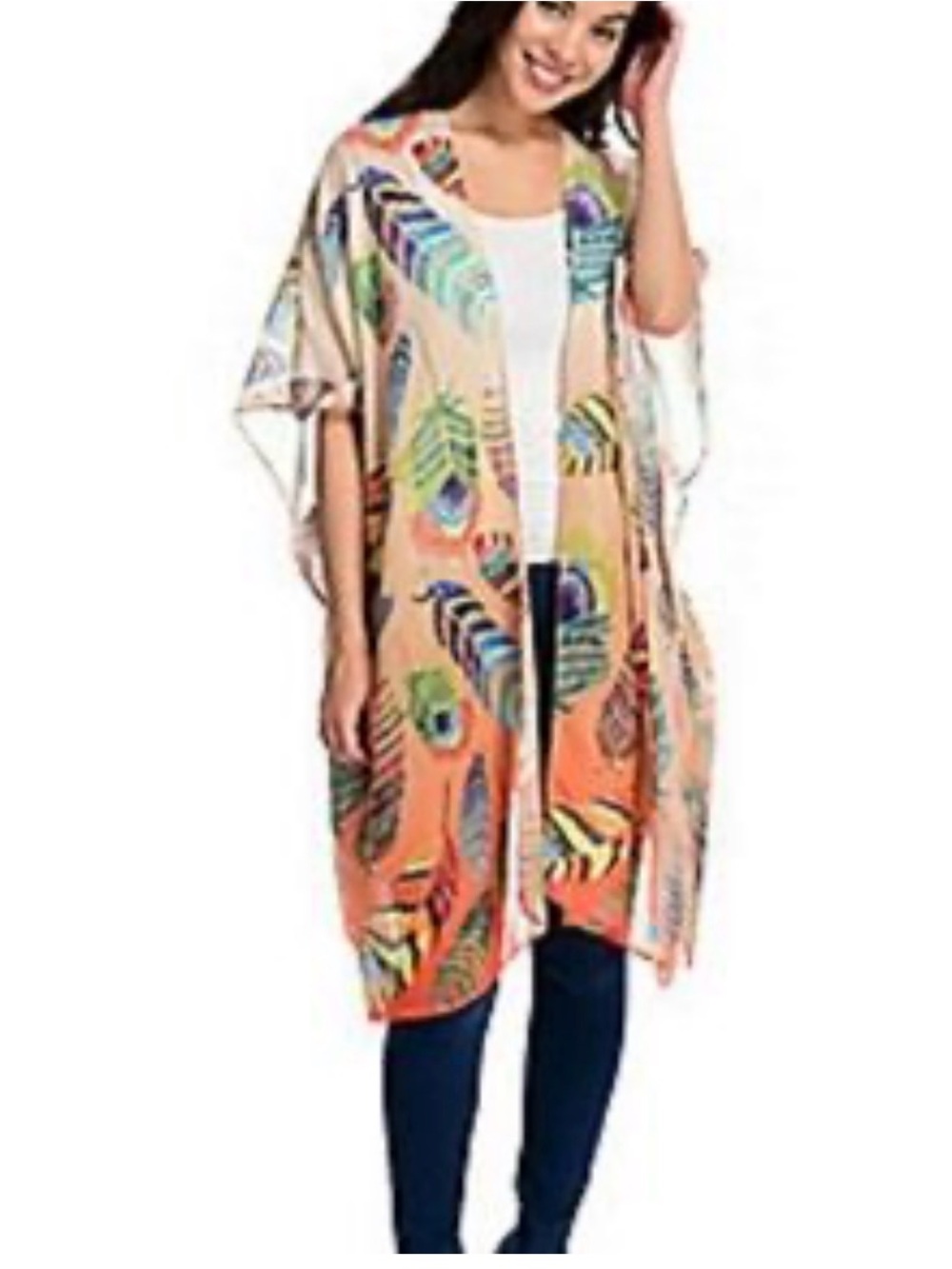Peach Sheer Kimono with Multicolor Feather Print